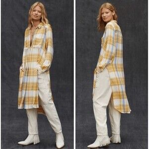 Anthropologie PILCRO Maxi Shirt LARGE Plaid Tunic Long Yellow Neutral ButtonDown
